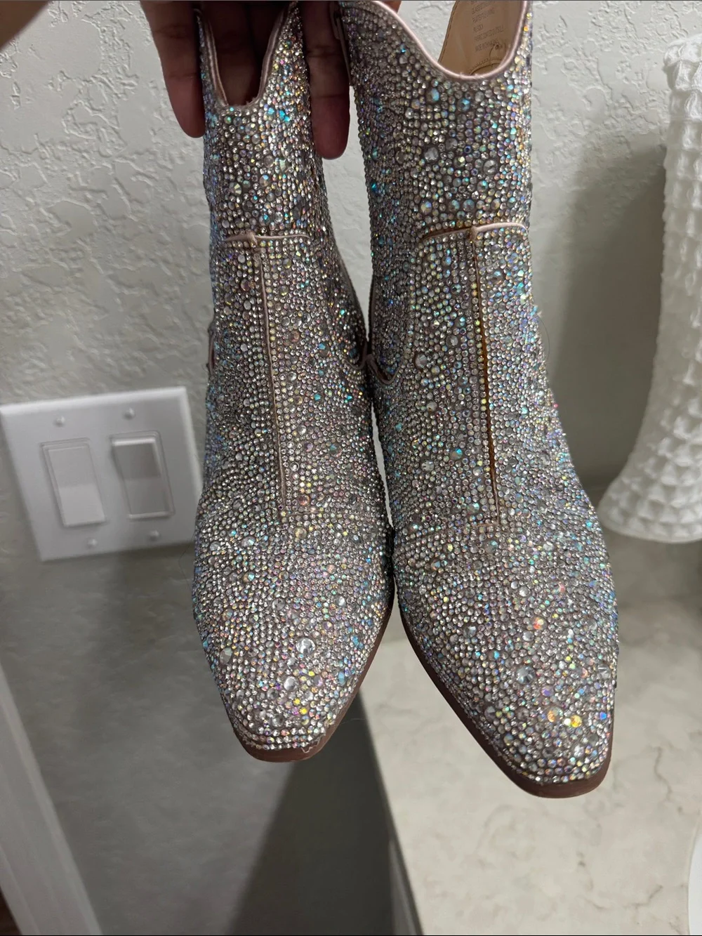 Betsey Johnson Iridescent Crystal Embellished Ankle Booties - Pink Accent